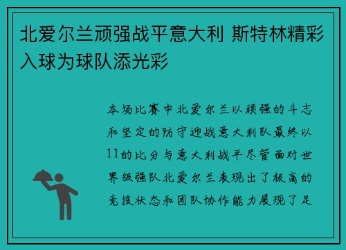 北爱尔兰顽强战平意大利 斯特林精彩入球为球队添光彩