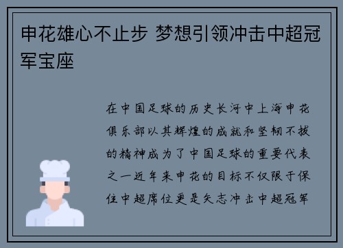 申花雄心不止步 梦想引领冲击中超冠军宝座