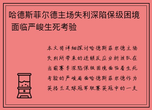 哈德斯菲尔德主场失利深陷保级困境 面临严峻生死考验