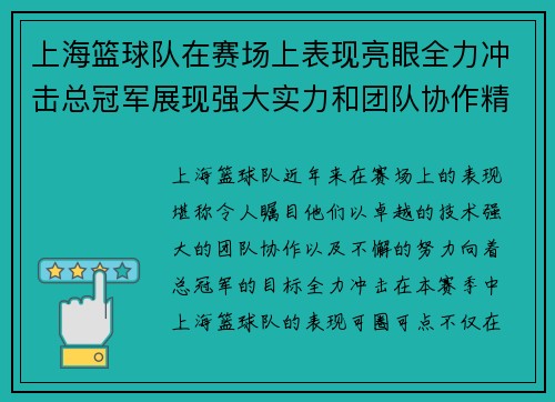 上海篮球队在赛场上表现亮眼全力冲击总冠军展现强大实力和团队协作精神