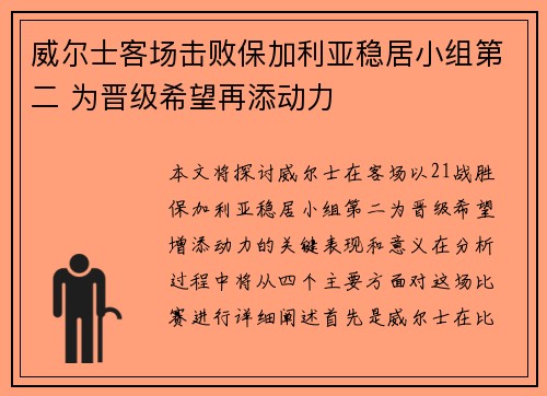 威尔士客场击败保加利亚稳居小组第二 为晋级希望再添动力